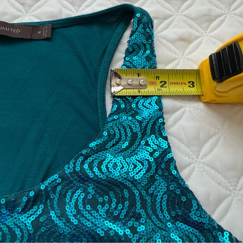 The Limited Teal Blue Sequin Front Racer Back Tank Top Side Ruched Size M - Picture 6 of 13